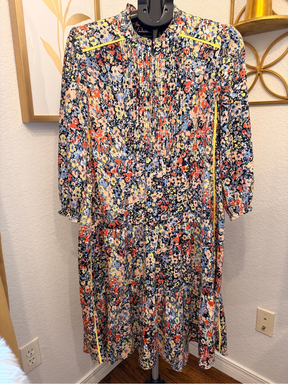 ME+EM Floral Pleated Fit-and-Flare Dress with Yellow Trim ~ Size 10/Large